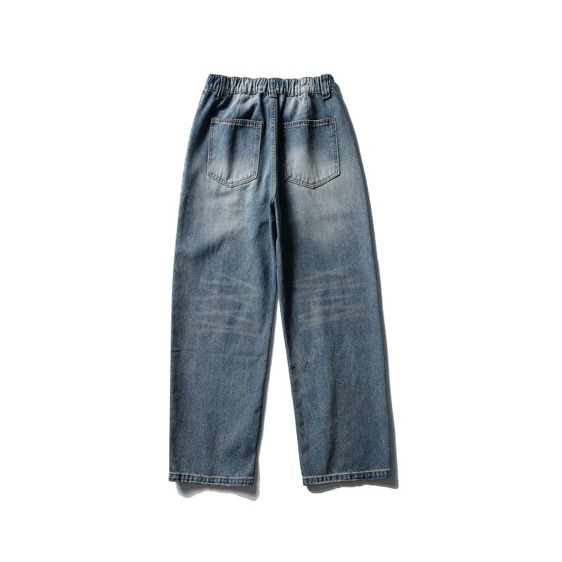 Distressed Relaxed Straight Leg Slightly Wide Washed Raw Edge Denim Pants - Image 4