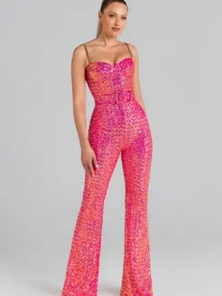 Autumn New Sexy Sequin Suspender Strap Off Shoulder Bra Slim Fit Wrap Hip Long Jumpsuit Wholesale