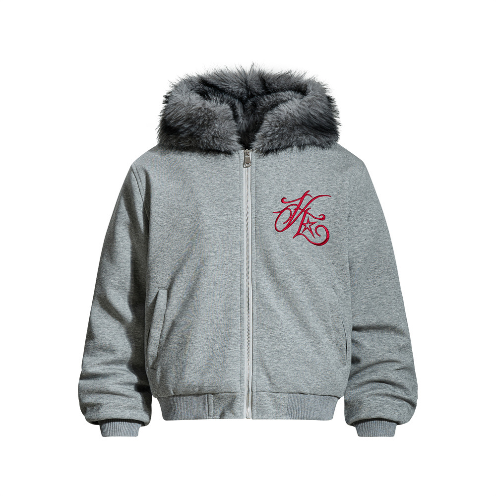 Streetwear Men's Cotton Coat with Hood and Embroidery, Casual Loose Fit Outerwear Top