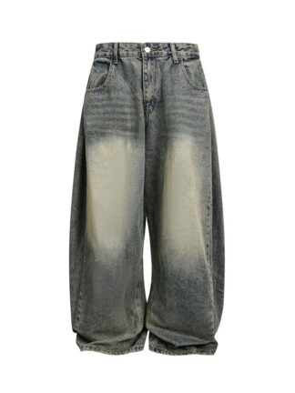 Washed Distressed Unisex Wide Leg Jeans Denim Material