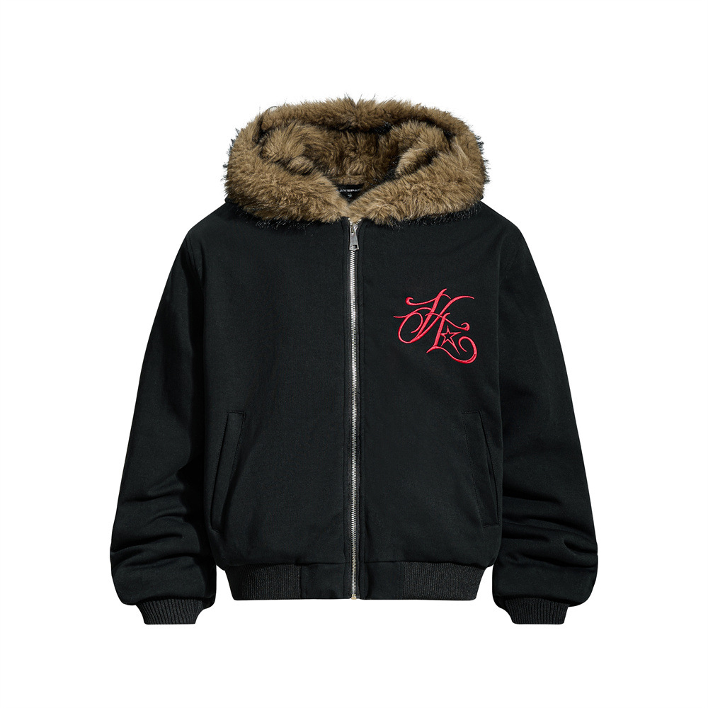 Streetwear Men's Cotton Coat with Hood and Embroidery, Casual Loose Fit Outerwear Top - Image 4
