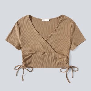 Earth-Tone Ribbed Surplus Crop Top – Cinch-Side Wrap Tee