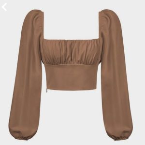 Elegant Square-Neck Puff Sleeve Ruched Crop Top – Terracotta