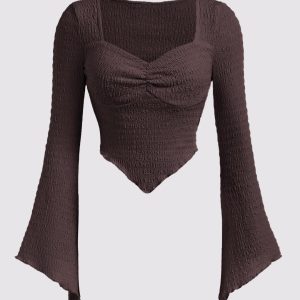 Chocolate Smocked Sweetheart Top – Ruched Bell-Sleeve Corset Blouse
